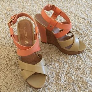Aldo Pink & Tan Leather Platform Wedge Sandals