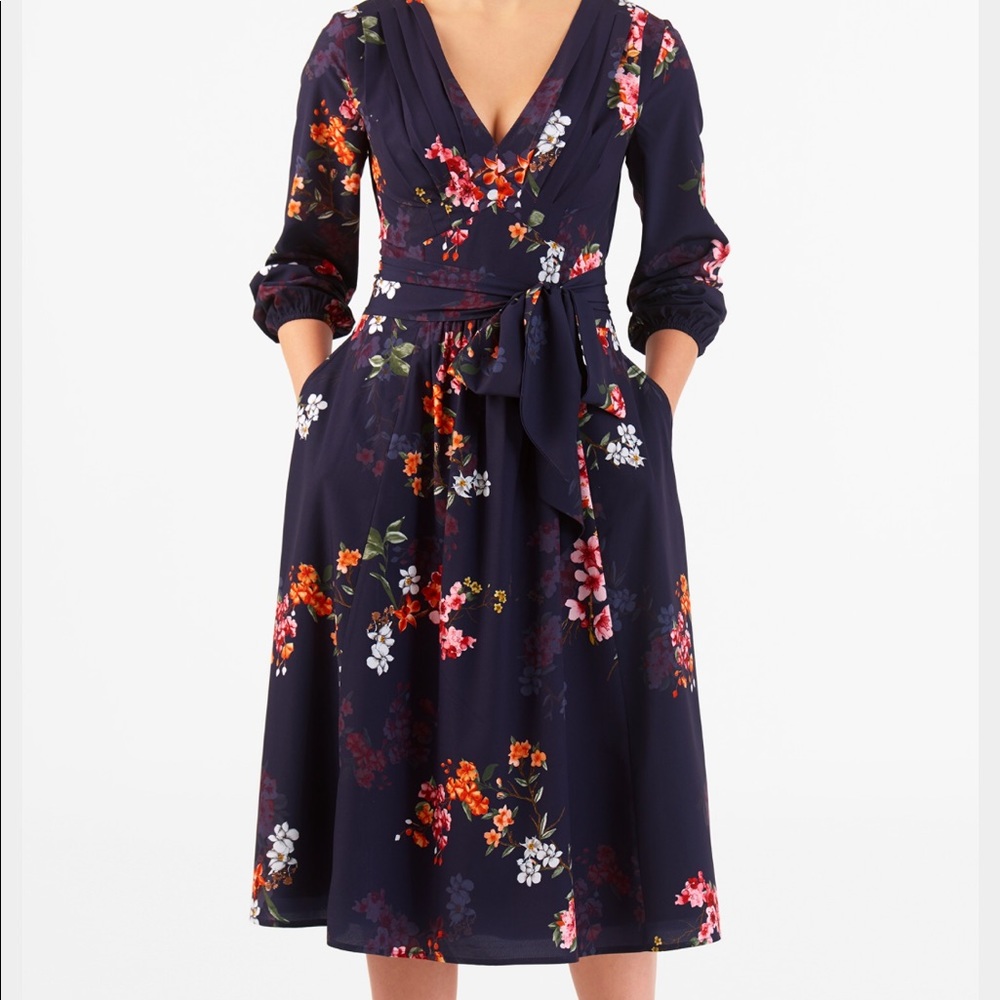 Pleated Floral Print Crepe Midi Dress