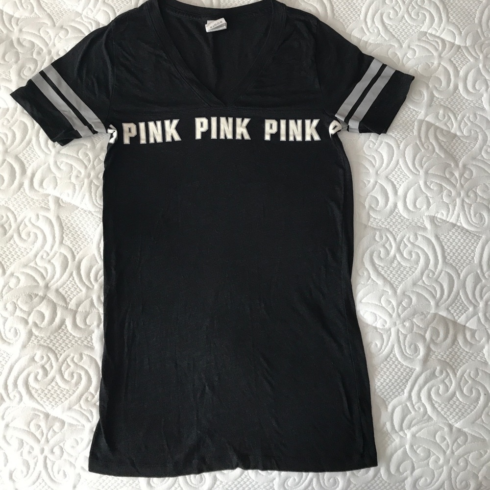 Black with gray striped sleeves PINK t-shirt