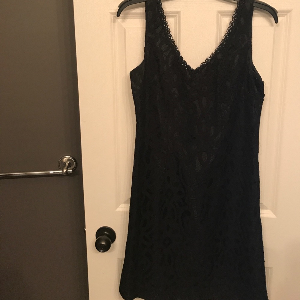 Black lace overlay cocktail dress