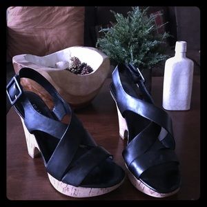 Brand new black leather strap wedges