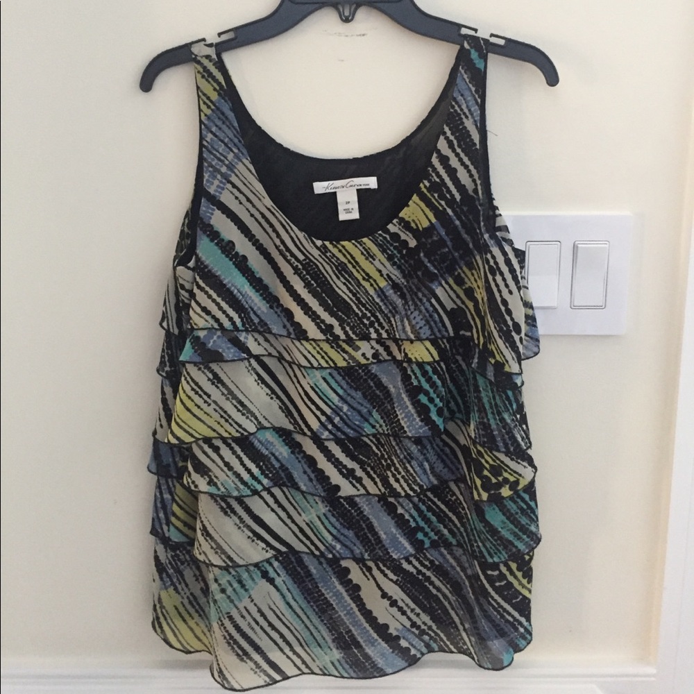Kenneth Cole blue yellow black tiered blouse