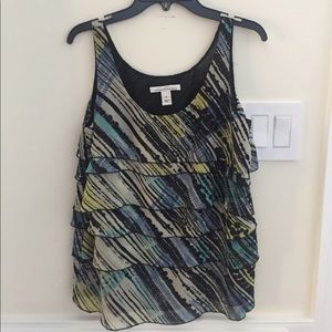 Kenneth Cole blue yellow black tiered blouse