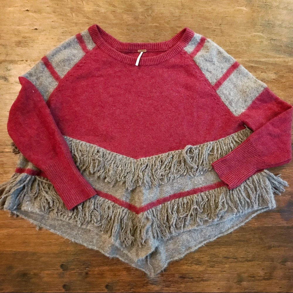 Free People Red and Brown Fringe Sweater
