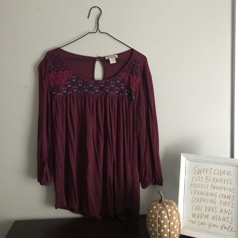 Lucky Brand Burgundy Embroidered Peasant Top XL