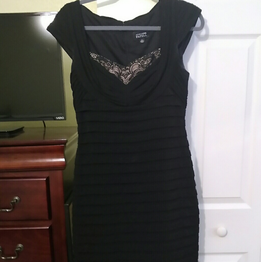 SOLD Beautiful black ruched lace dress size 8