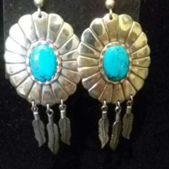 Silver earrings /w turquoises cabs. Zuni Indian. - Picture 1 of 2