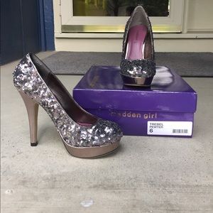 Madden Girl pewter glitter heels