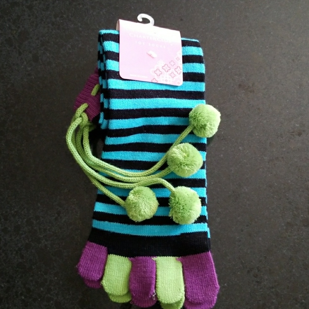 Stripped Teal and Black Toe Socks with pompoms