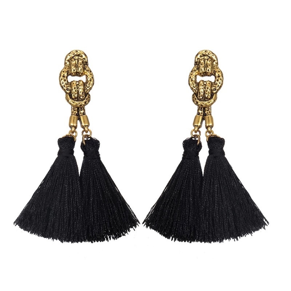 | ANTIQUED GOLD KNOT TASSELS EARRINGS | - Picture 2 of 3