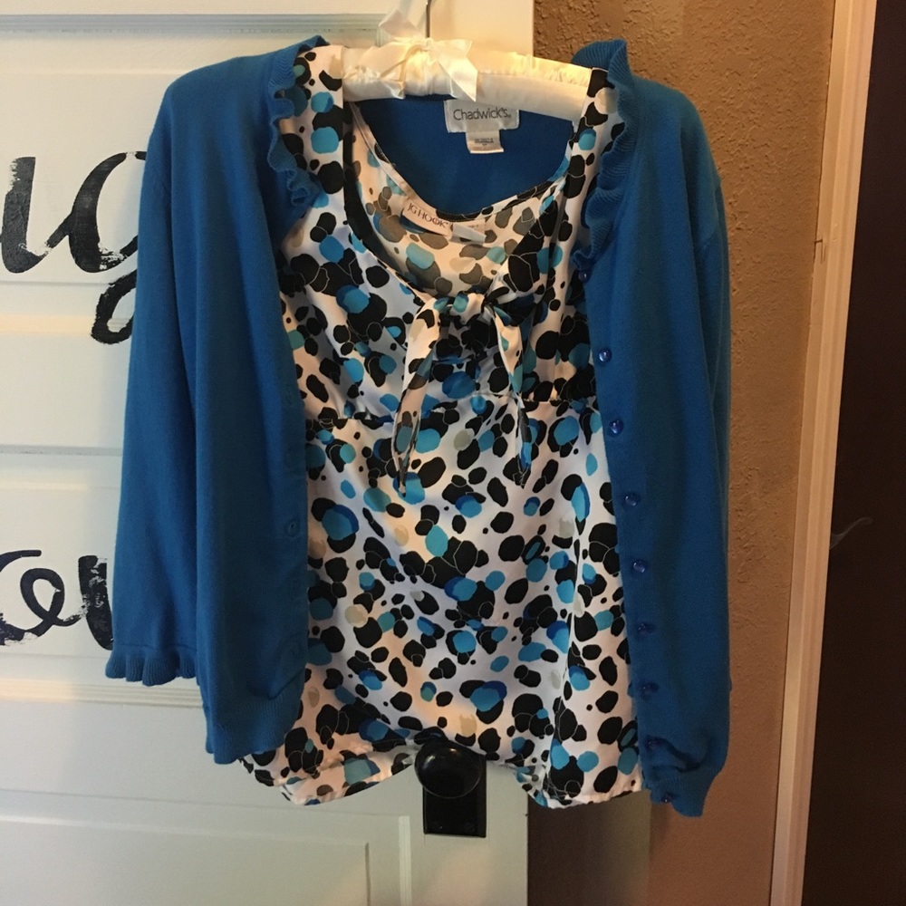 Bright blue sweater with matching patterned shell