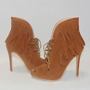 Yoki Camel Faux Suede Fringe Peep Toe Booties