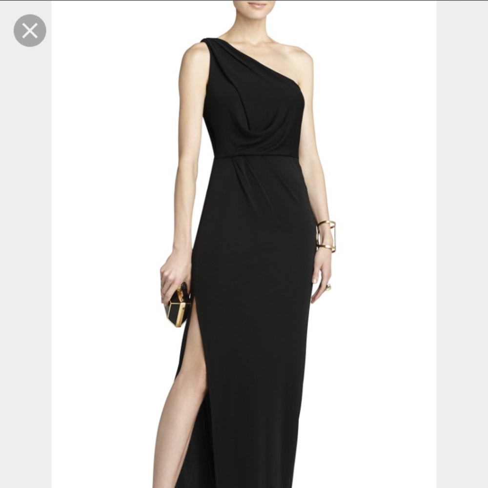 Black one shoulder, side slit, long gown.