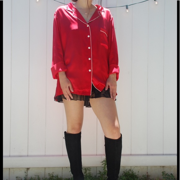 Vintage red silk men's sleep wear shirt dress - Picture 1 of 8