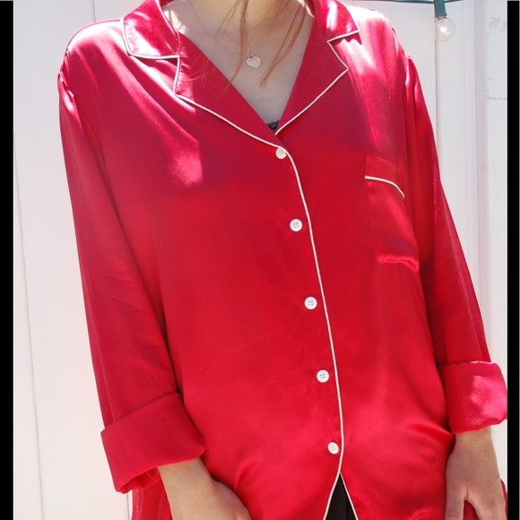 Vintage red silk men's sleep wear shirt dress - Picture 2 of 8