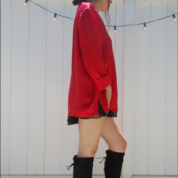 Vintage red silk men's sleep wear shirt dress - Picture 3 of 8