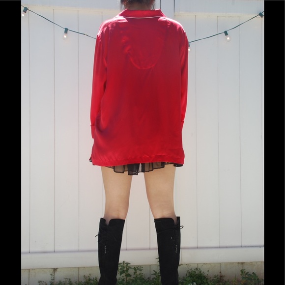 Vintage red silk men's sleep wear shirt dress - Picture 4 of 8