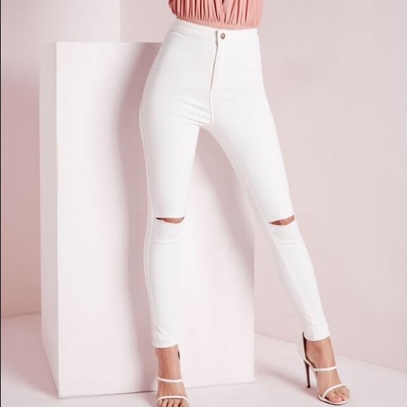 White Slit Distressed Jeans - Picture 1 of 4