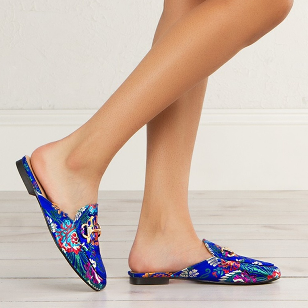 Blue and patterned slip ons