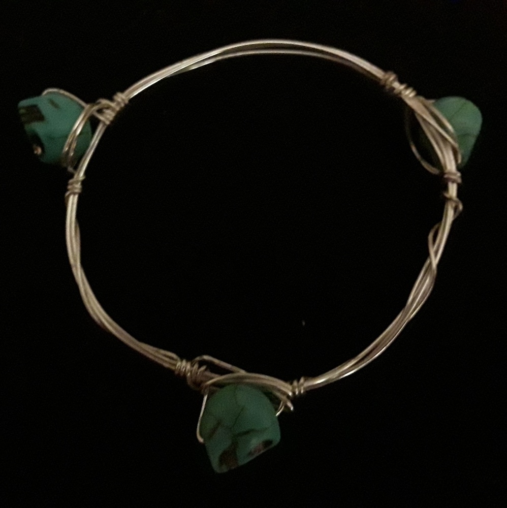 New, handmade wire wrapped, turquoise skulls w/rhinestone eyes bangle