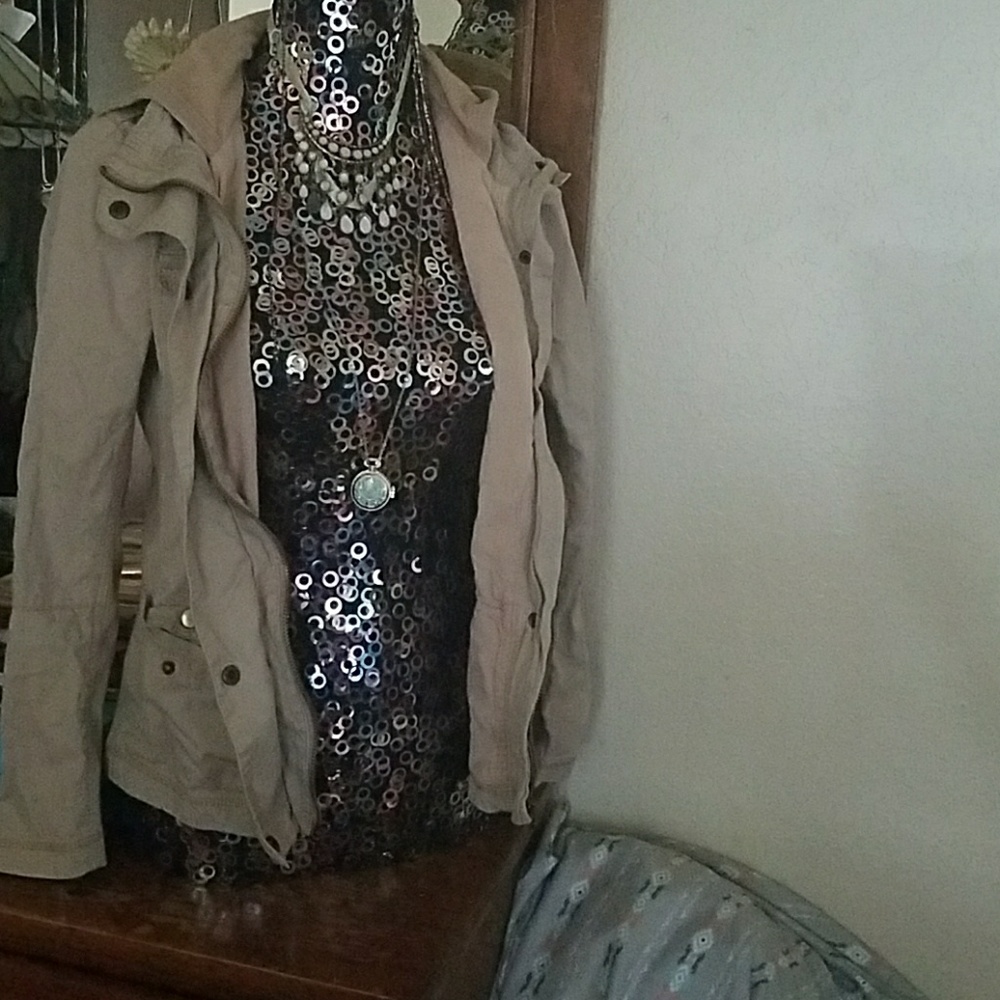 Tan zip up jacket with hood size medium