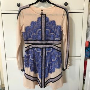 Long sleeve lace blue and nude dress