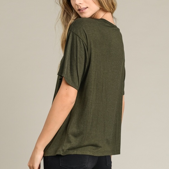 Distressed Olive Short Sleeve Choker Top - Picture 2 of 5
