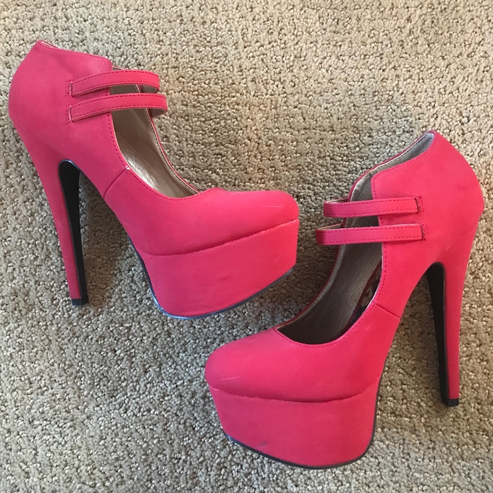 Red Suede Mary Jane Platform Heels