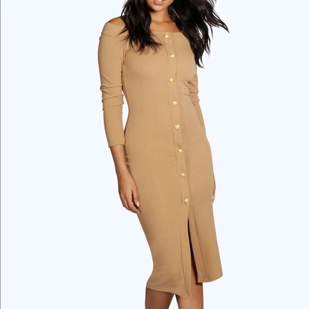 BOOHOO Off the shoulder button front dress