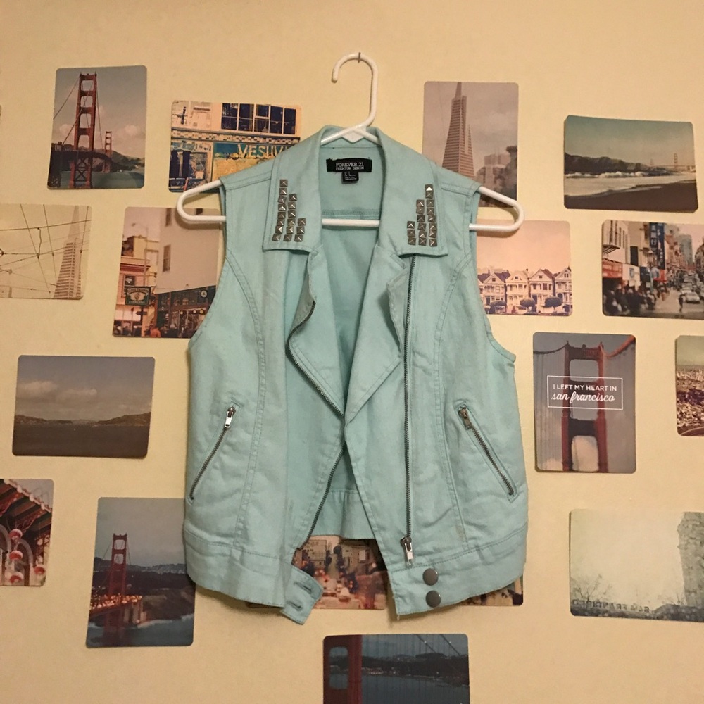 F21 Premium Denim Mint Studded Vest