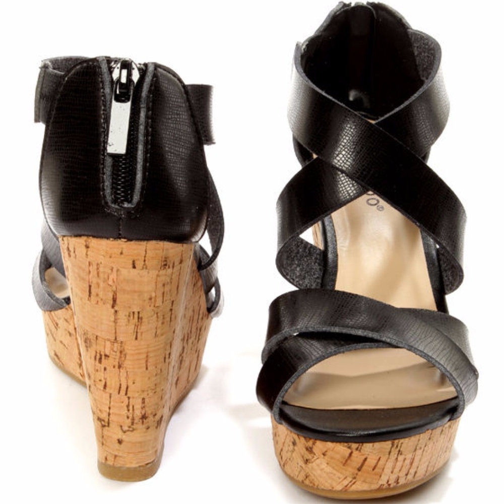 Bamboo Black Strappy Wedge Sandals Size 9