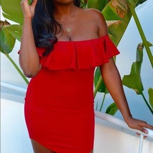 Red ruffle off the shoulder dress