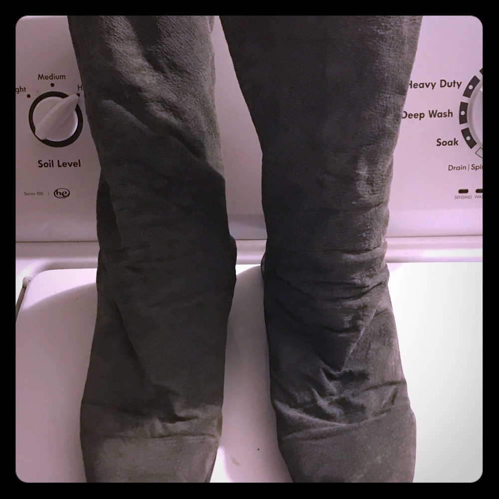 Gray suede slouch boots