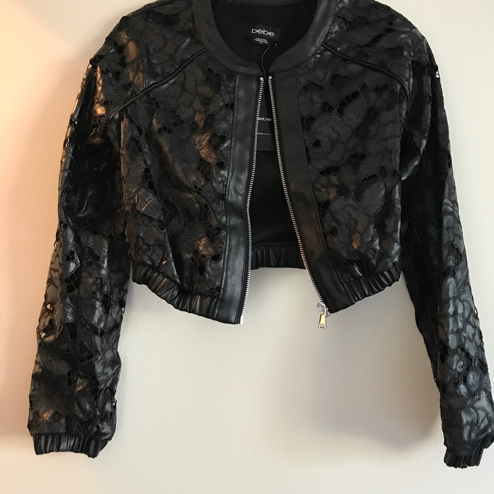 Bebe Leather Jacket with Lace Embellishment