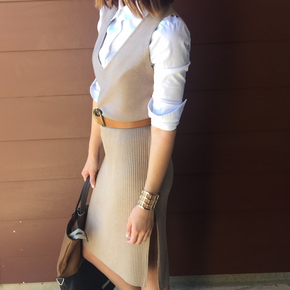 Khaki colored knit midi dress