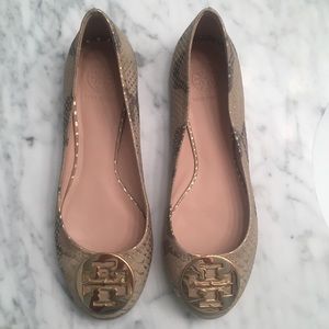 Tory Burch Gold Snake Print Reva Flats