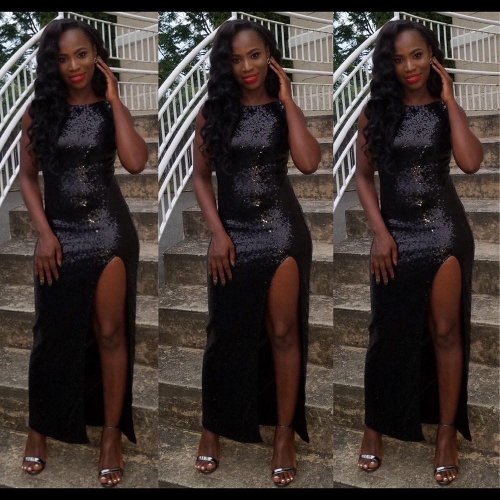 Black sequin dress with a side split