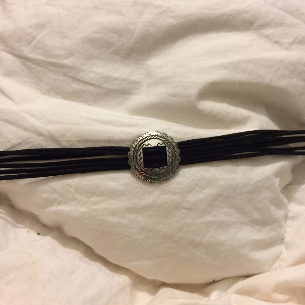 5 Strap Black Suede Choker with Silver Pendant