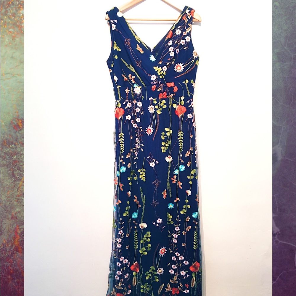 Floral Embroidered Sheer-Overlay Maxi Dress