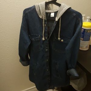 Jeans jacket with attached hoodie, never used! Jeans jacket with attached hoodie, never used!