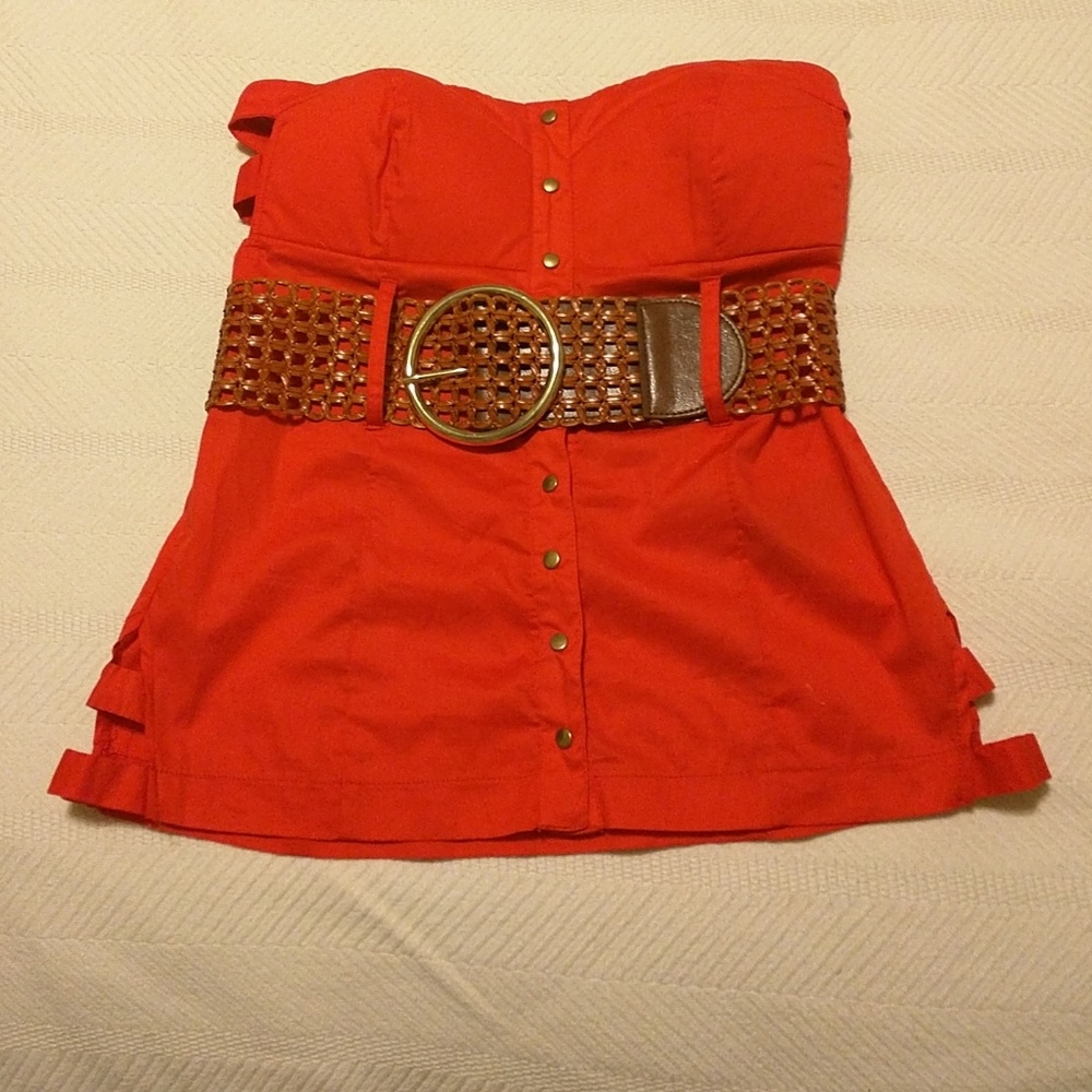 Orange Strapless Top w/ Brown Belt
