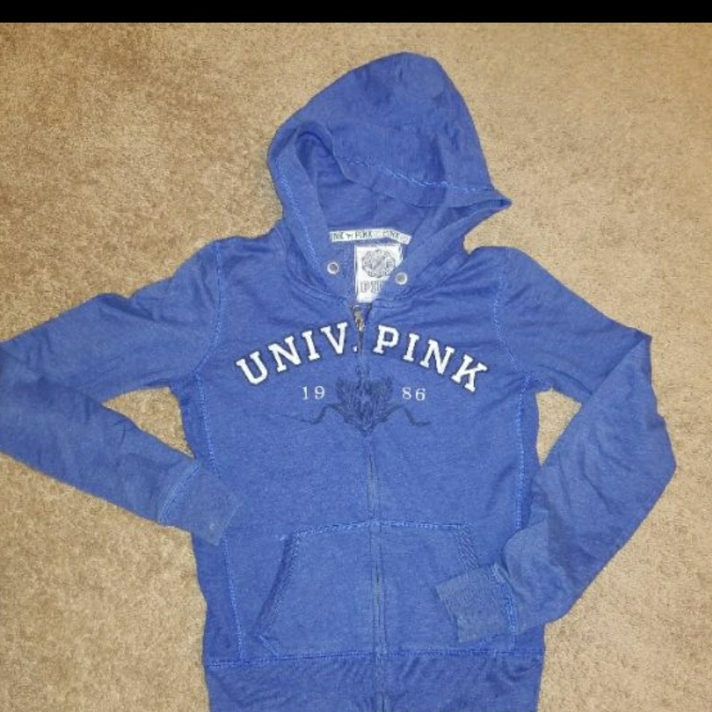 PINK BY VS BLUE ZIP UP HOODIE SWEATER, SMALL