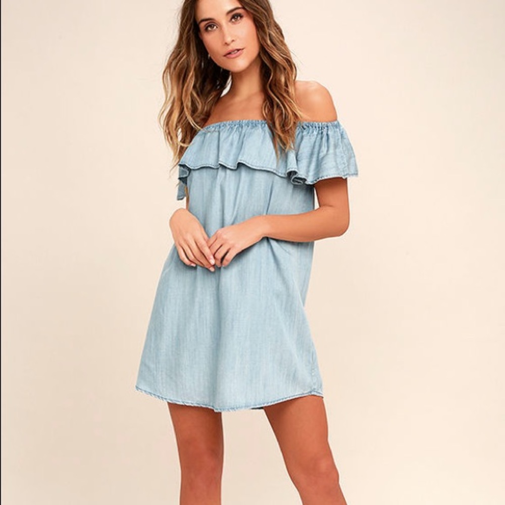 Chambray Off The Shoulder Shift Dress