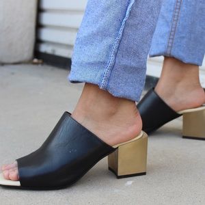 black and gold mules