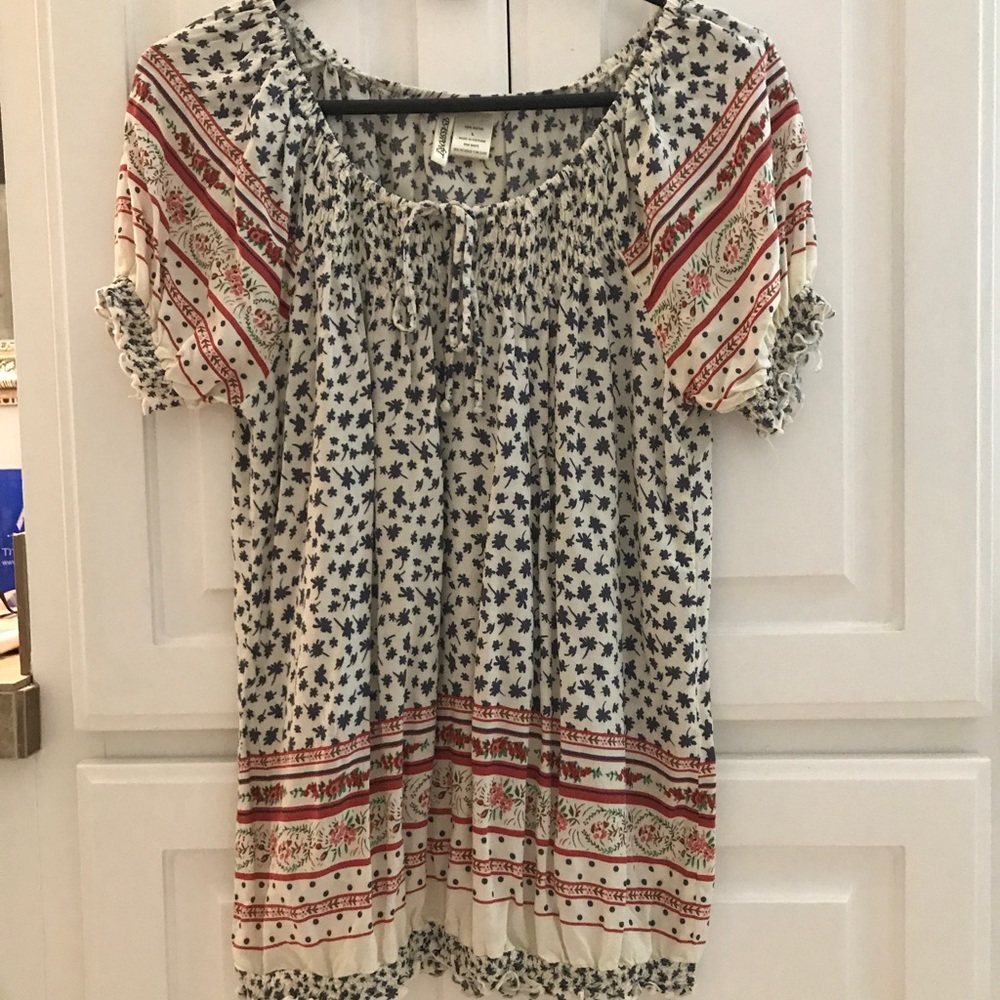 Blue, red and cream blouse