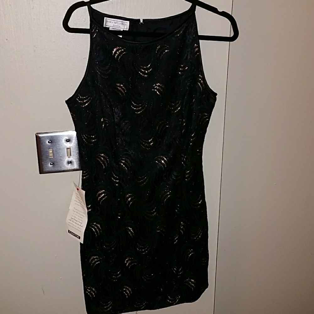 Jessica McClintock black and copper halter dress