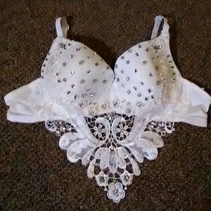 Rave Halloween White Rhinestone and Pearl Bra