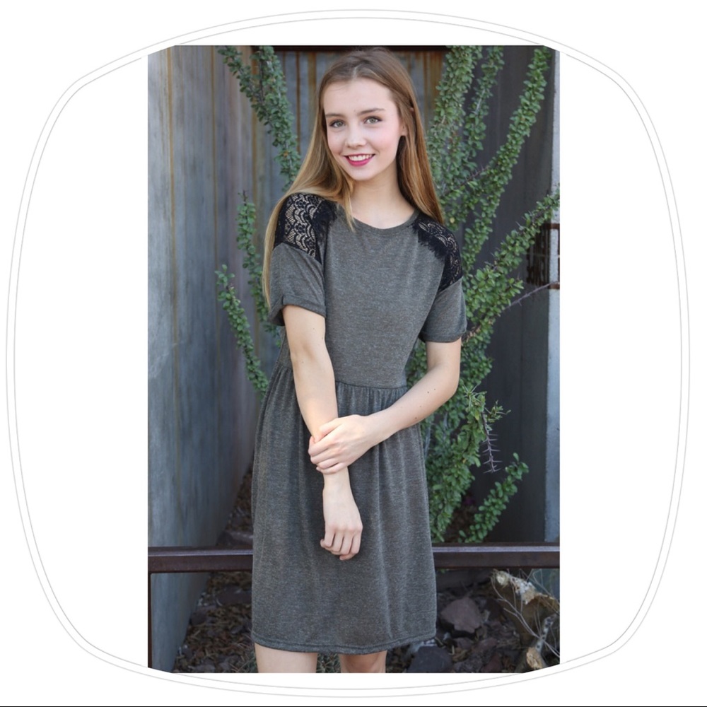 Knit Dress with Black Lace Sleeve Detail