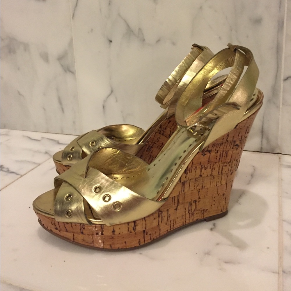 BCBGirls Gold and cork wedges