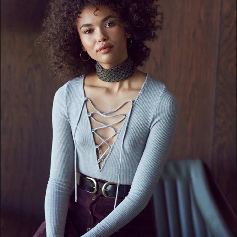 Project social ribbed lace up top in grey.